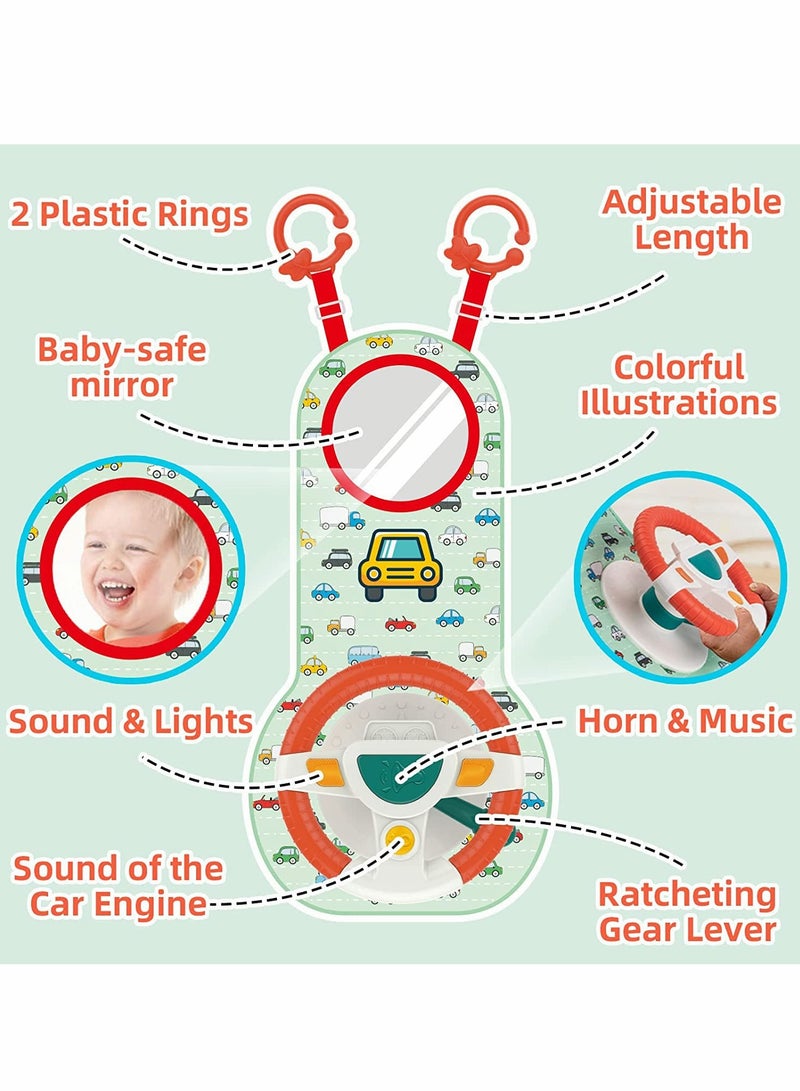 Infant Car Seat Play Toys with Mirror, Musical Steering Wheel and Light Features for Engaging Travel Fun