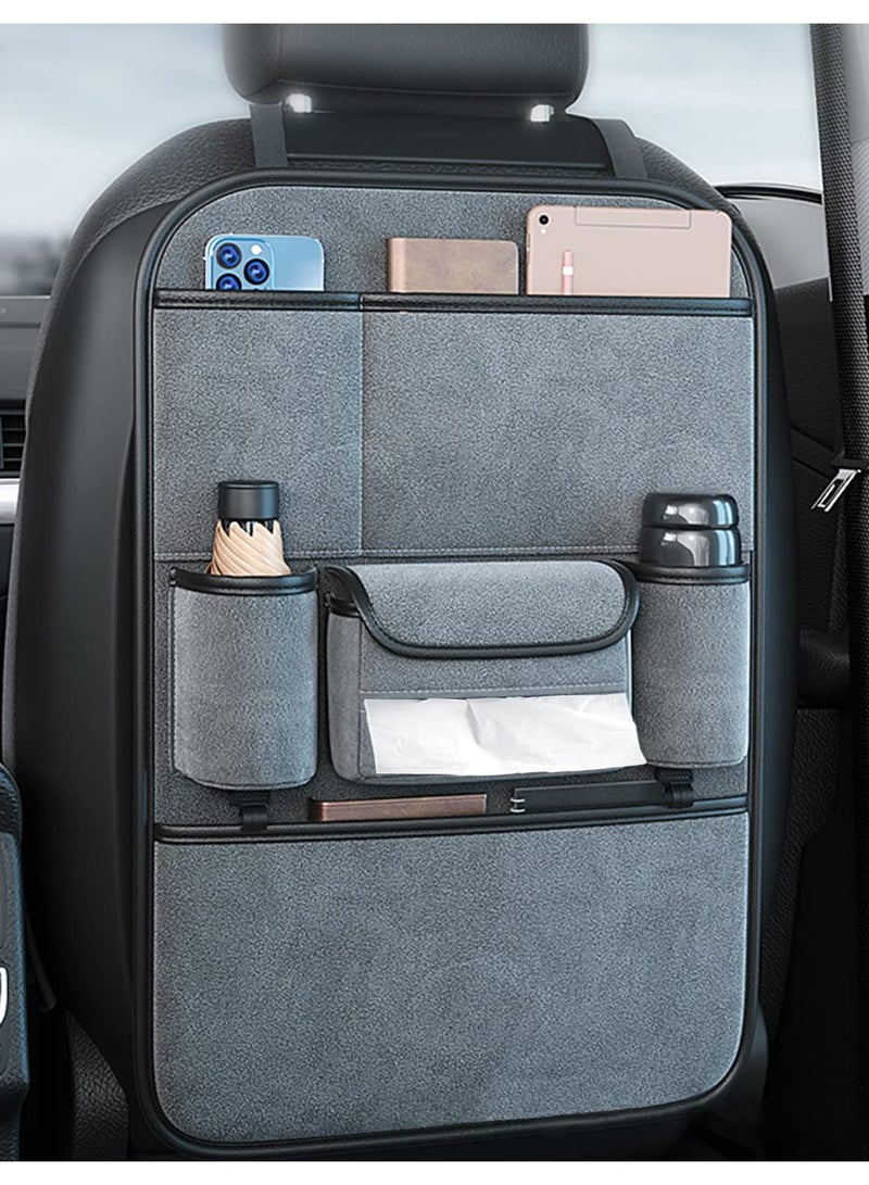 Large Capacity Suede Car Seat Back Organizer with Hook and Kick Mats for Neat Vehicle Storage and Travel Accessories in Grey