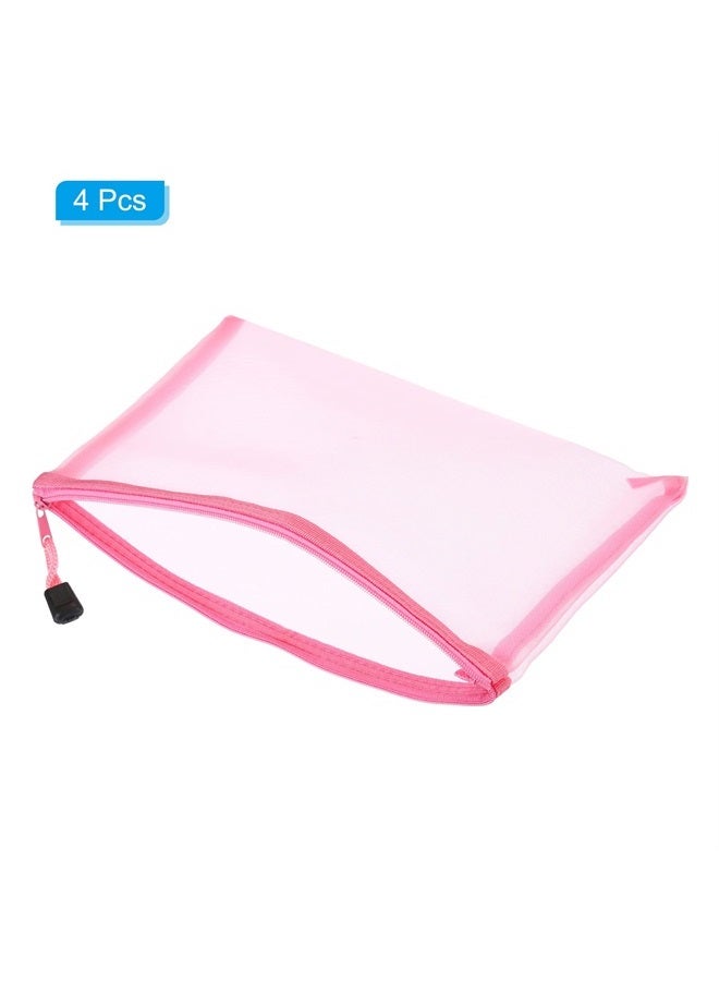 Mesh Zipper Bags, 4 Pack Nylon A5 Size Pen Pencil Travel Cases Toiletry Cosmetic Makeup Pouches Zipper Files Purse Organizer for Office, Pink