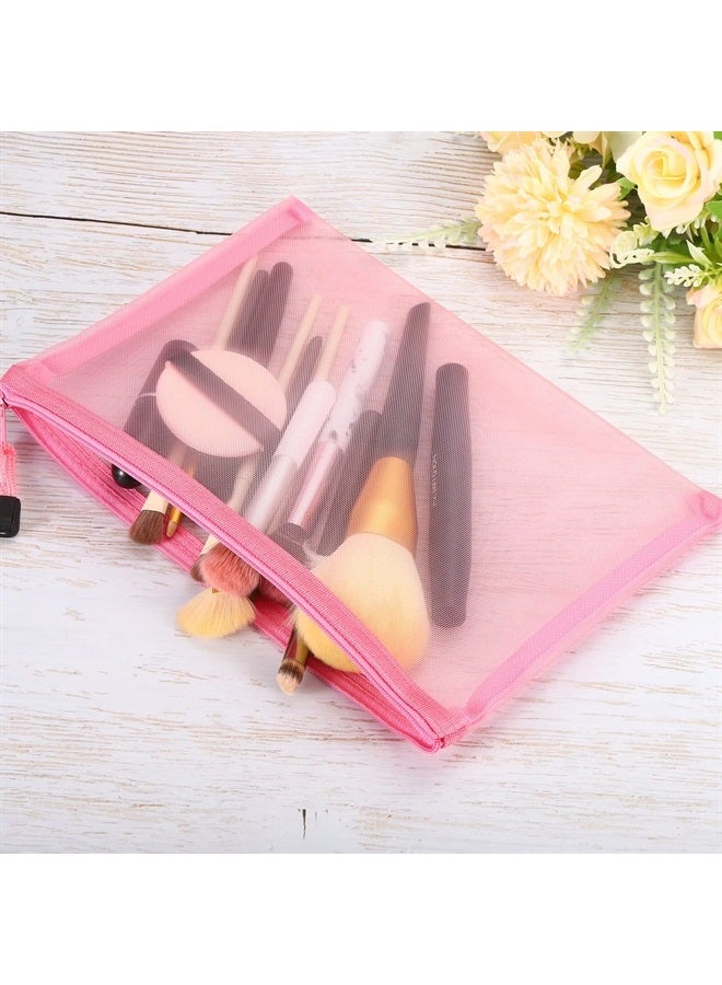 Mesh Zipper Bags, 4 Pack Nylon A5 Size Pen Pencil Travel Cases Toiletry Cosmetic Makeup Pouches Zipper Files Purse Organizer for Office, Pink