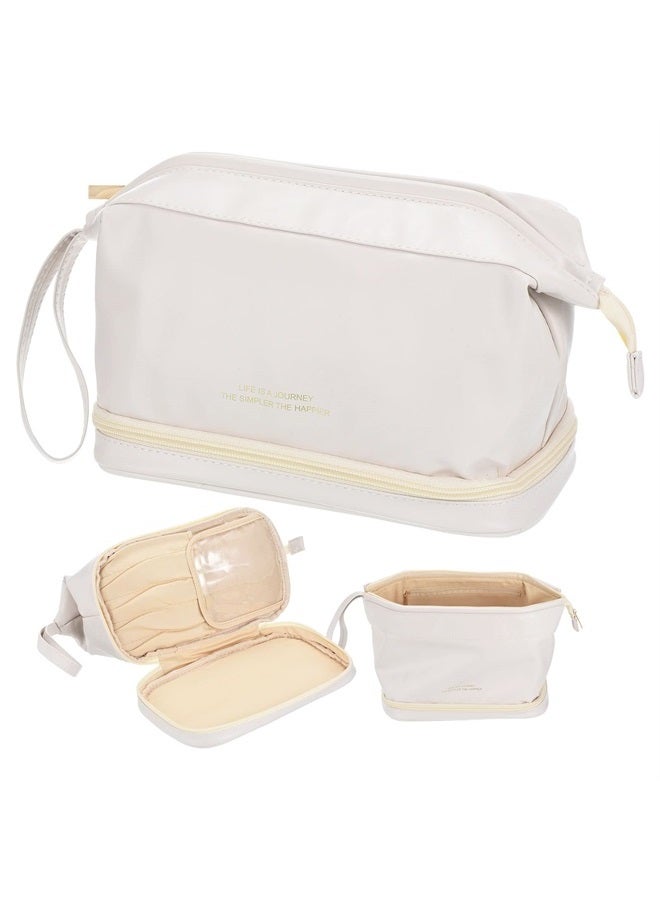 Travel Makeup Bag, Portable Large Capacity Toiletry Bag Double Layer Leather Cosmetic Bag for Women, Cream