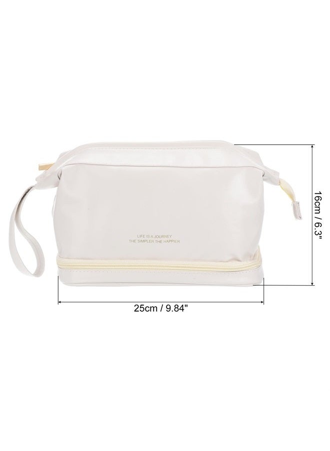 Travel Makeup Bag, Portable Large Capacity Toiletry Bag Double Layer Leather Cosmetic Bag for Women, Cream