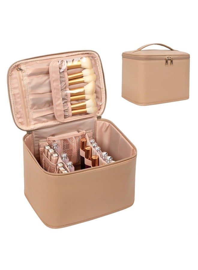 Makeup Bag,Large Travel Makeup Bag Organizer Cosmetic Bags for Women Washable Make Up Bag Makeup Organizer Case with Dividers - Large,Beige Apricot