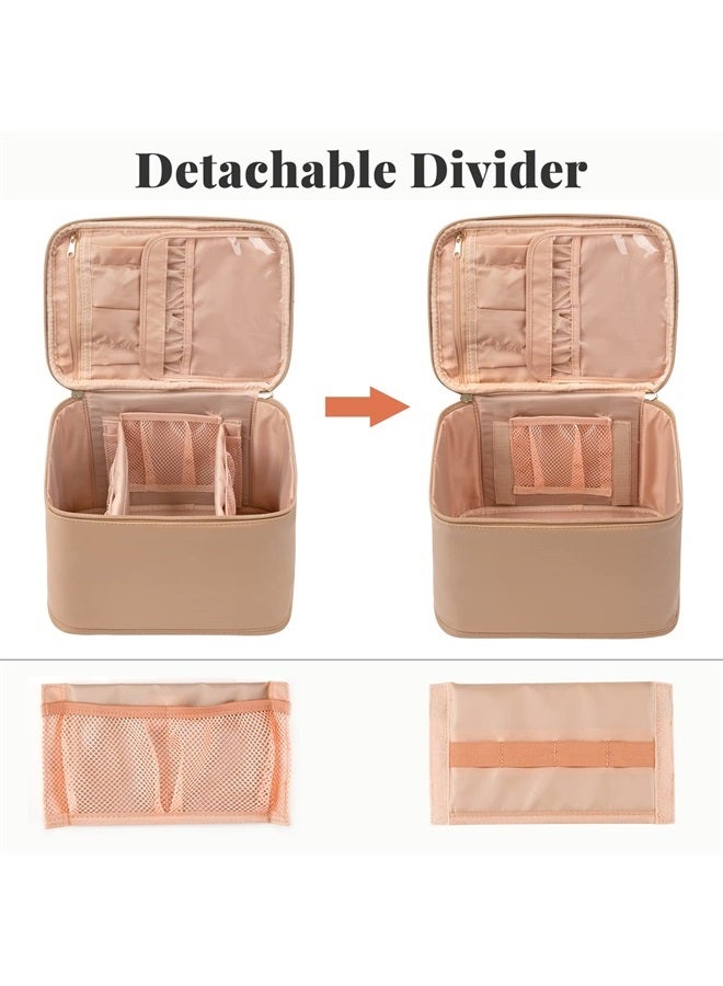 Makeup Bag,Large Travel Makeup Bag Organizer Cosmetic Bags for Women Washable Make Up Bag Makeup Organizer Case with Dividers - Large,Beige Apricot