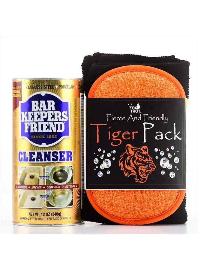 Bar Keepers Friend Powder Cleanser, 12oz Multipurpose Powder Cleaner, Stainless Steel Pan Cleaner Tiger Pack, Black Pro-Grade Microfiber Towel & Dual-Sided Sponge