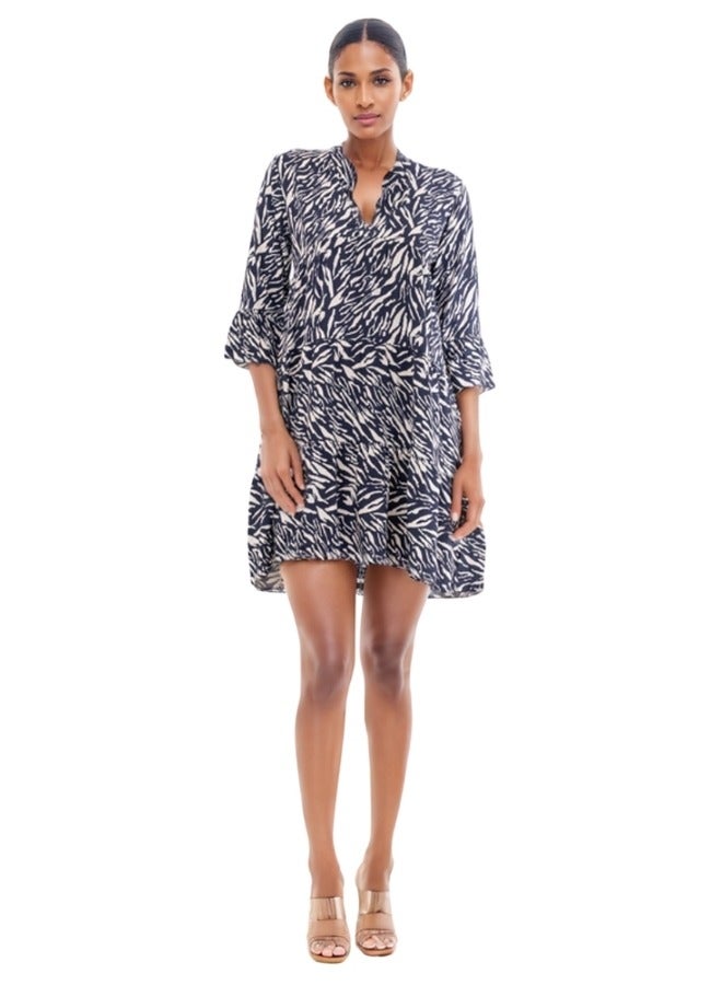 3/4 Sleeve V-Neck Printed Tunic Dress