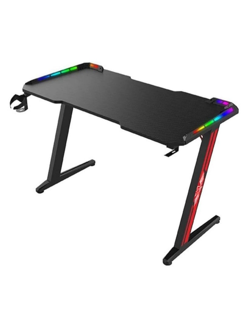 Gaming Desk,Ergonomic Computer and Gaming Table Z Shaped for Pc, Workstation, Home, Office with LED Lights Carbon Fiber Surface,Cup Holder and Headphone Hook,120×60×75cm