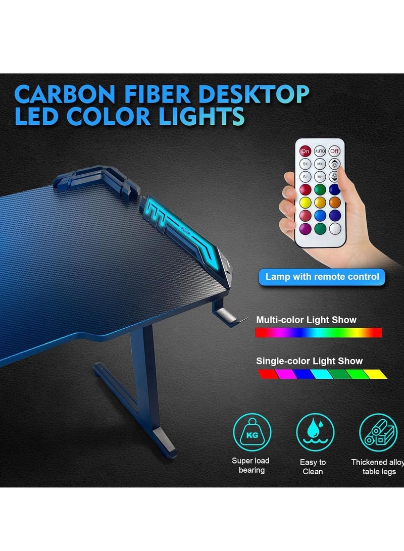 Gaming Desk,Ergonomic Computer and Gaming Table Z Shaped for Pc, Workstation, Home, Office with LED Lights Carbon Fiber Surface,Cup Holder and Headphone Hook,120×60×75cm