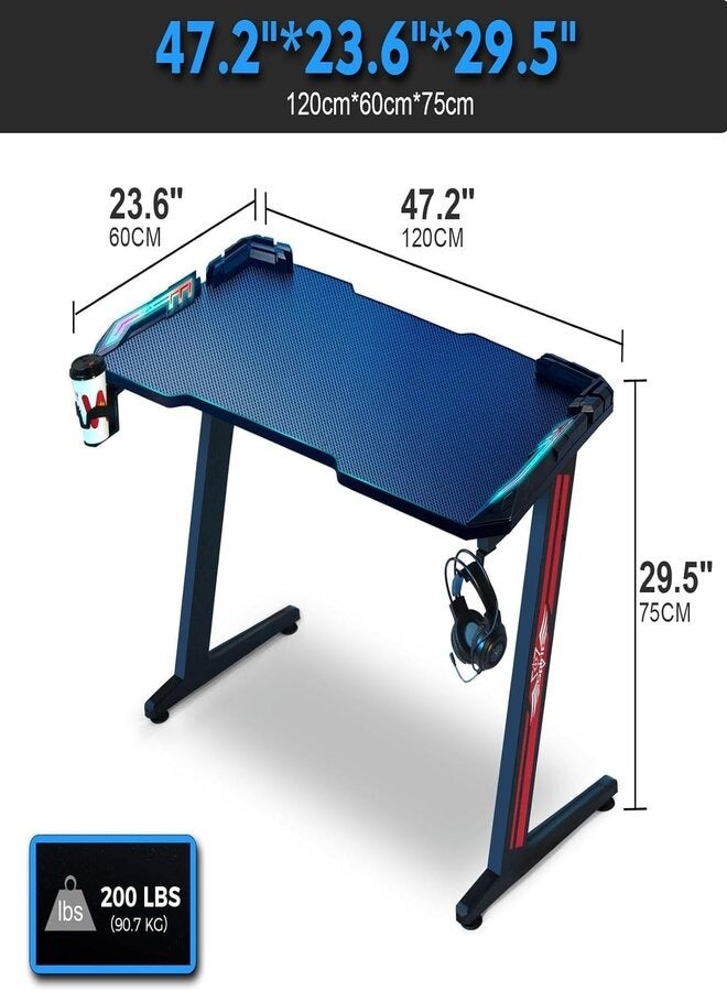 Gaming Desk,Ergonomic Computer and Gaming Table Z Shaped for Pc, Workstation, Home, Office with LED Lights Carbon Fiber Surface,Cup Holder and Headphone Hook,120×60×75cm