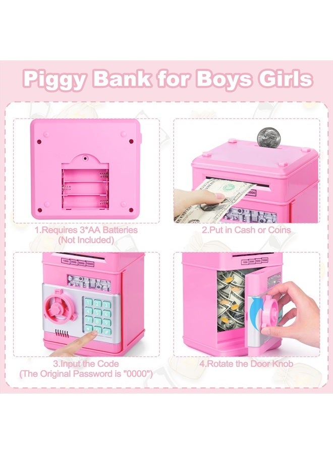 Piggy Bank for Girls 4-11 Years Old,Kids Safe Bank for Boys Christmas Birthday Gifts Toy for Kids Electronic ATM Money Bank for Adults Money Saving Box Safe Coin Bank Toy Kids Toys Pink