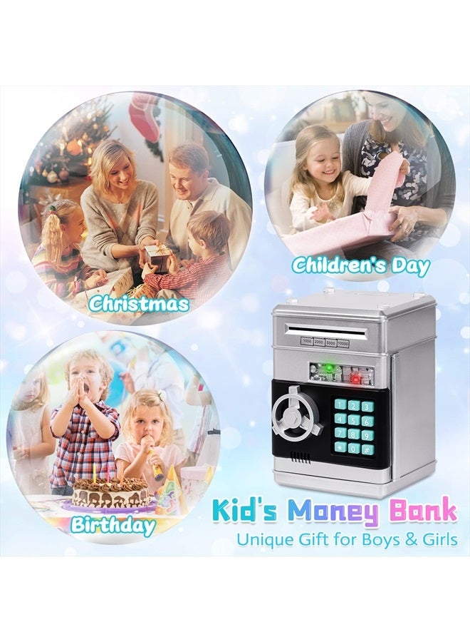 Kids Piggy Bank,Kids Safe Piggy Bank for Girls Money Saving Box Kids Toys Password Cash Coin Can ATM Bank for Children Great Christmas Birthday Gift Toy for Kids Silver