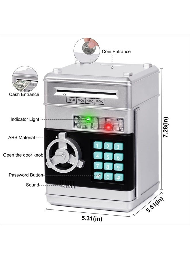 Kids Piggy Bank,Kids Safe Piggy Bank for Girls Money Saving Box Kids Toys Password Cash Coin Can ATM Bank for Children Great Christmas Birthday Gift Toy for Kids Silver