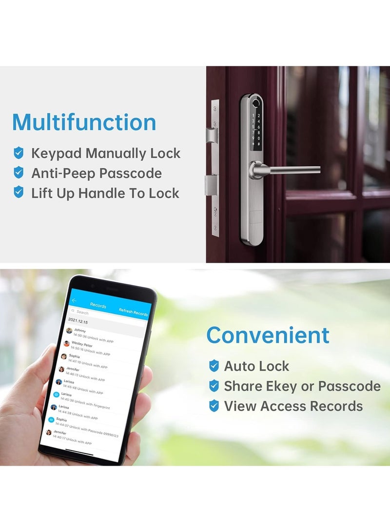 Slim Smart Fingerprint Door Lock with Handles Keyless Entry, Bluetooth Fingerprint Keypad, Card and Keyless Unlock for Aluminum and Wooden Doors