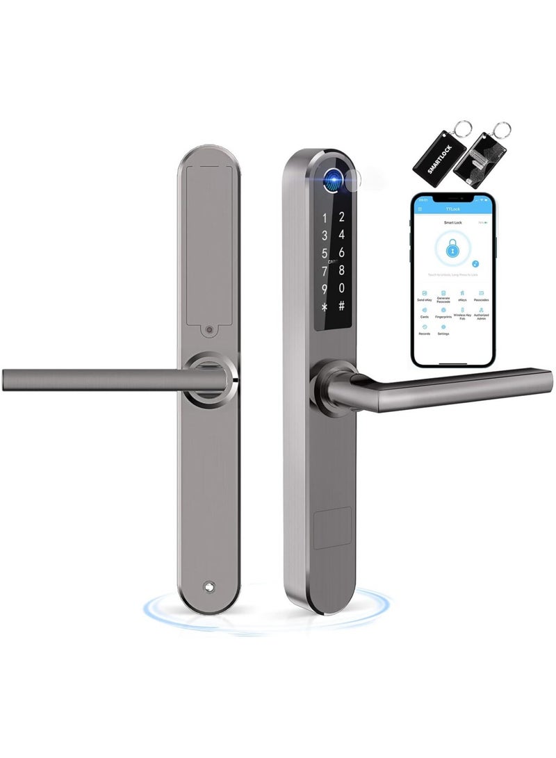 Slim Smart Fingerprint Door Lock with Handles Keyless Entry, Bluetooth Fingerprint Keypad, Card and Keyless Unlock for Aluminum and Wooden Doors