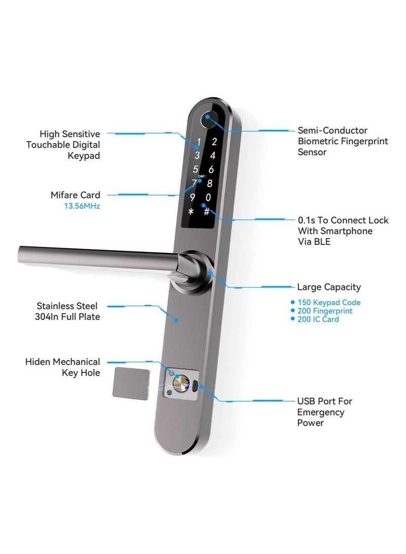 Slim Smart Fingerprint Door Lock with Handles Keyless Entry, Bluetooth Fingerprint Keypad, Card and Keyless Unlock for Aluminum and Wooden Doors