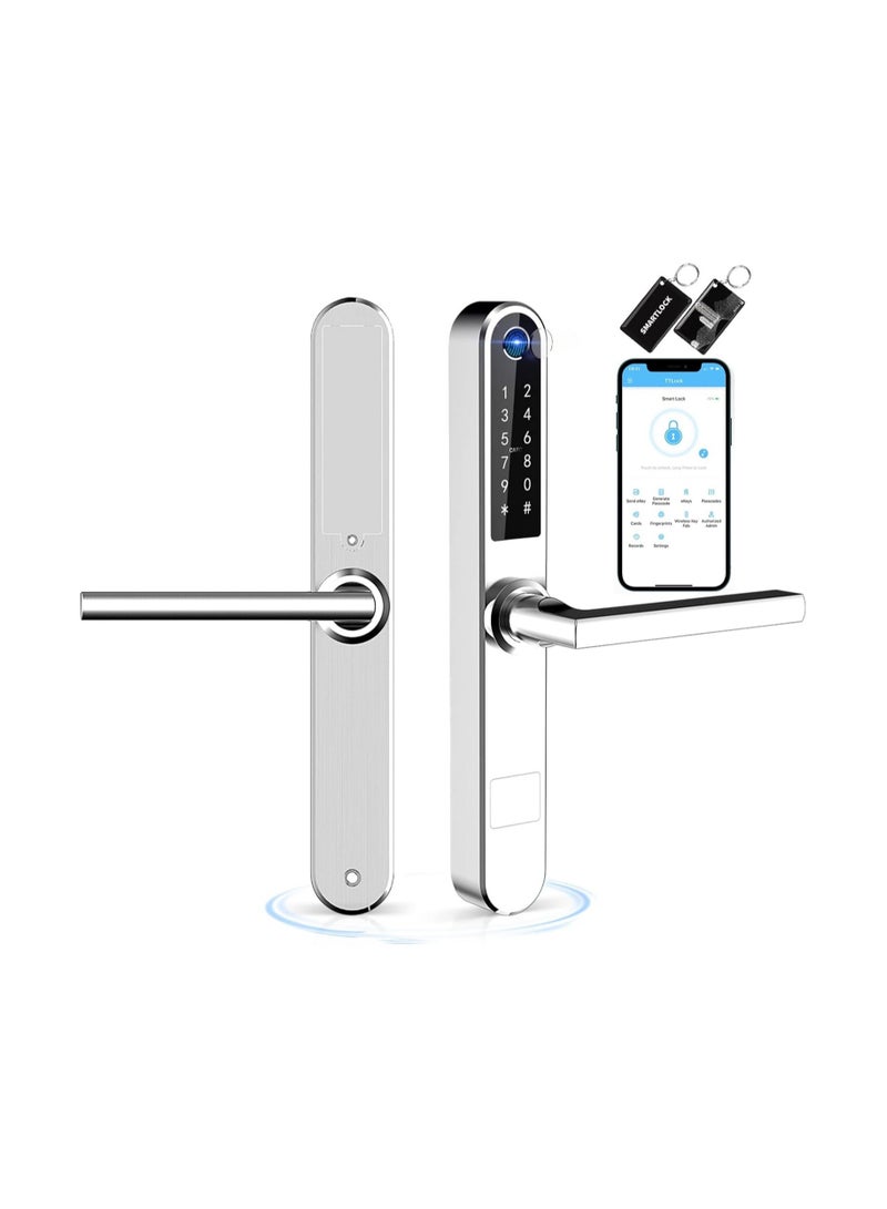 Slim Smart Fingerprint Door Lock with Handles Keyless Entry, Bluetooth Fingerprint Keypad, Card and Keyless Unlock for Aluminum and Wooden Doors