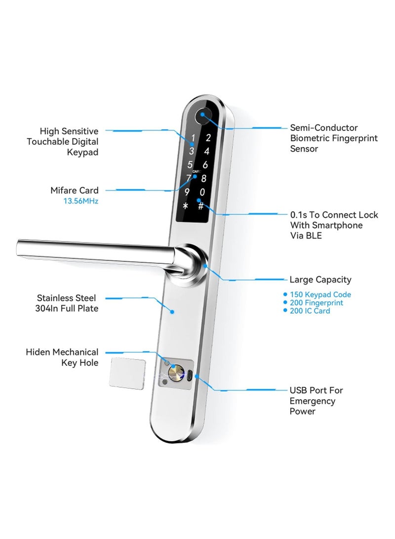 Slim Smart Fingerprint Door Lock with Handles Keyless Entry, Bluetooth Fingerprint Keypad, Card and Keyless Unlock for Aluminum and Wooden Doors