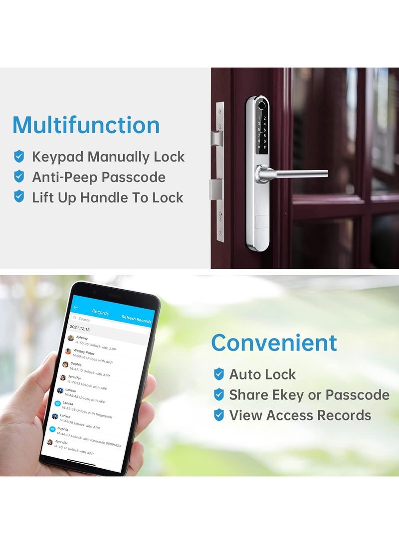 Slim Smart Fingerprint Door Lock with Handles Keyless Entry, Bluetooth Fingerprint Keypad, Card and Keyless Unlock for Aluminum and Wooden Doors