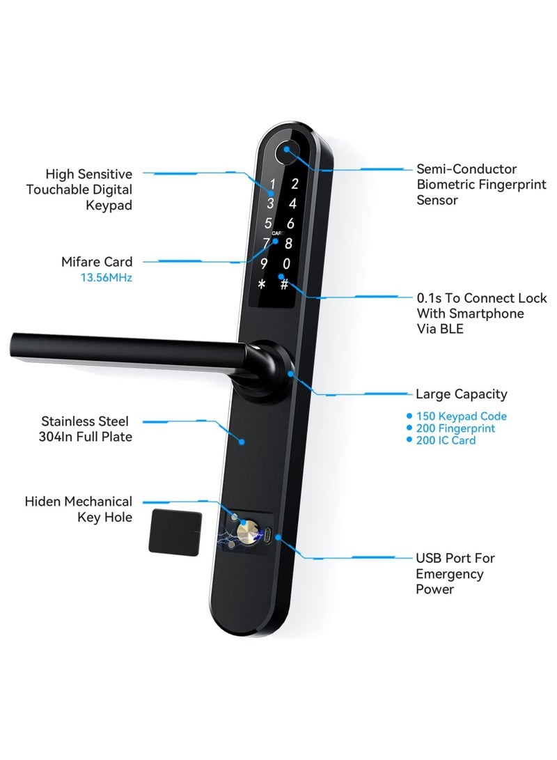 Slim Smart Fingerprint Door Lock with Handles Keyless Entry, Bluetooth Fingerprint Keypad, Card and Keyless Unlock for Aluminum and Wooden Doors