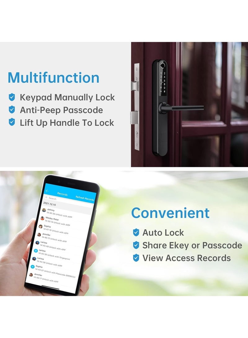 Slim Smart Fingerprint Door Lock with Handles Keyless Entry, Bluetooth Fingerprint Keypad, Card and Keyless Unlock for Aluminum and Wooden Doors