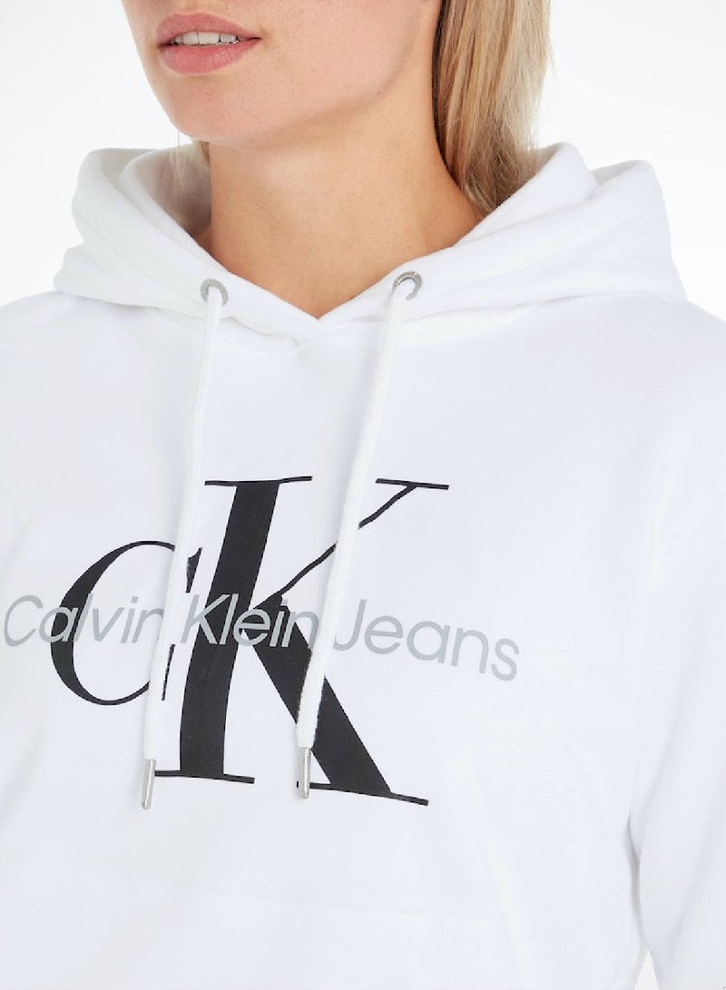 Calvin Klein Jeans Women's Hoody - Long Sleeves - Sportswear - Cotton Sweatshirt, White