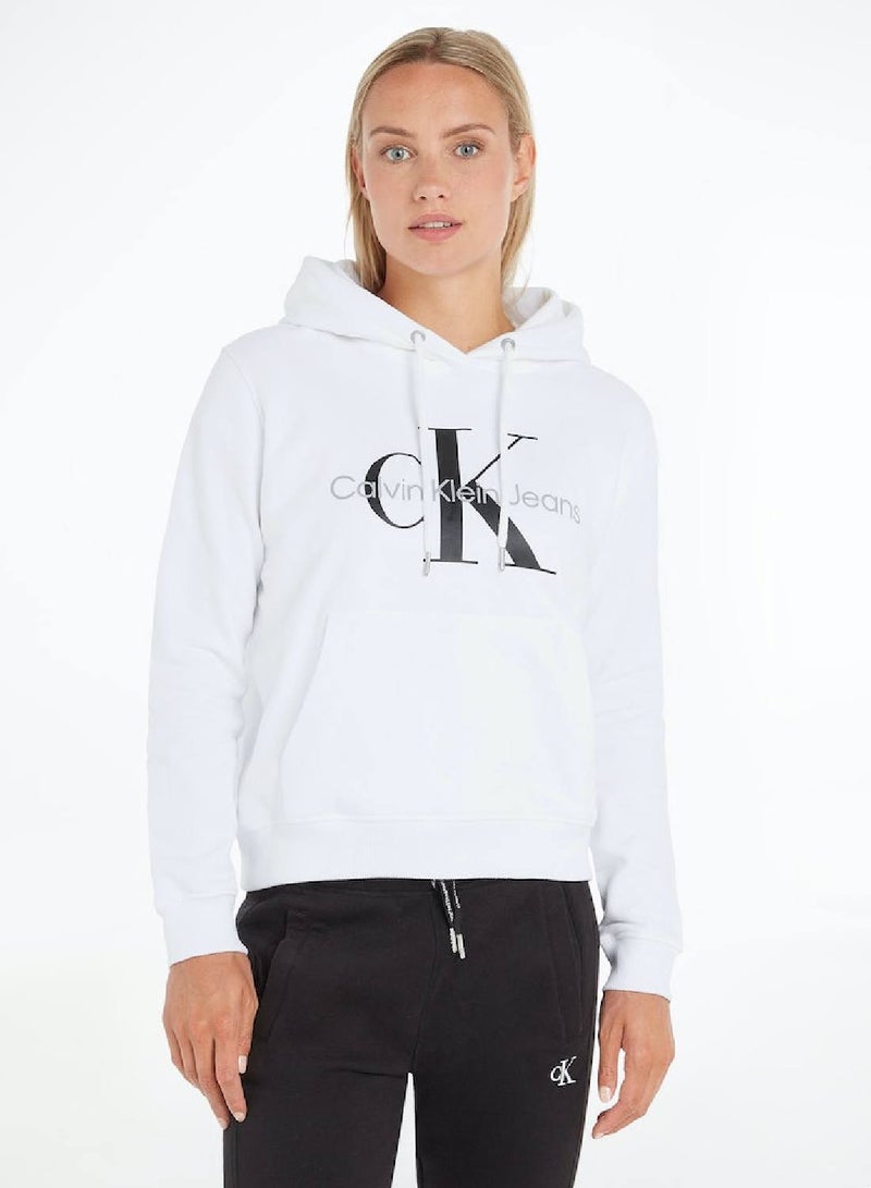 Calvin Klein Jeans Women's Hoody - Long Sleeves - Sportswear - Cotton Sweatshirt, White