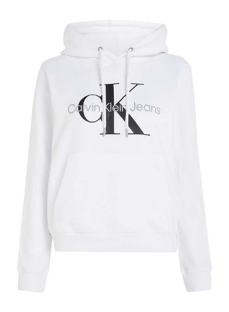 Calvin Klein Jeans Women's Hoody - Long Sleeves - Sportswear - Cotton Sweatshirt, White