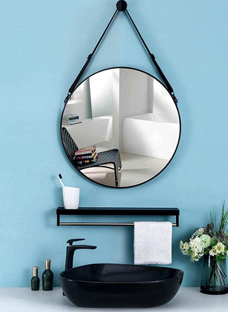 Round Led Leather Mirror,60cm x 60cm Round Mirror with LED Lights Smart Mirror Anti-Fog Backlit Light Up Circle Mirror Touch Switch Hanging Vanity Makeup Mirror for Bathroom Bedroom Dressing Room