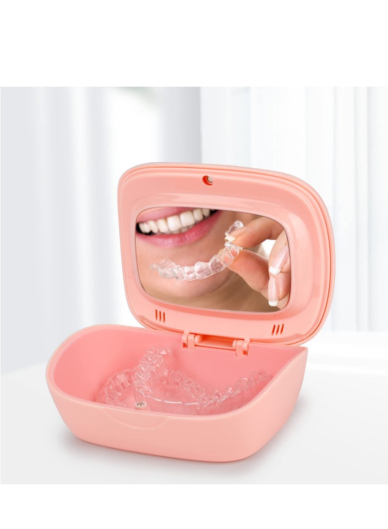 Portable Retainer Case & False Teeth Storage Box with Braces Removal Tool & Cleaning Brush (Pink), Ideal for Travel & Daily Use