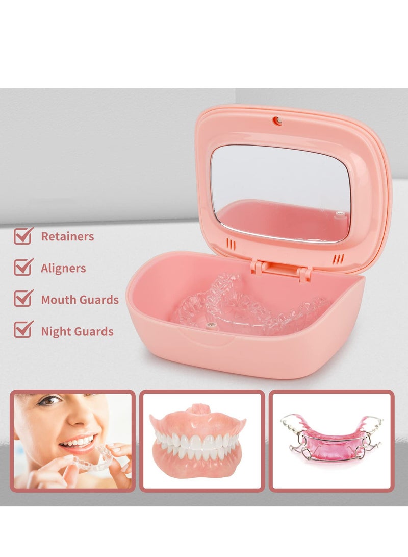 Portable Retainer Case & False Teeth Storage Box with Braces Removal Tool & Cleaning Brush (Pink), Ideal for Travel & Daily Use