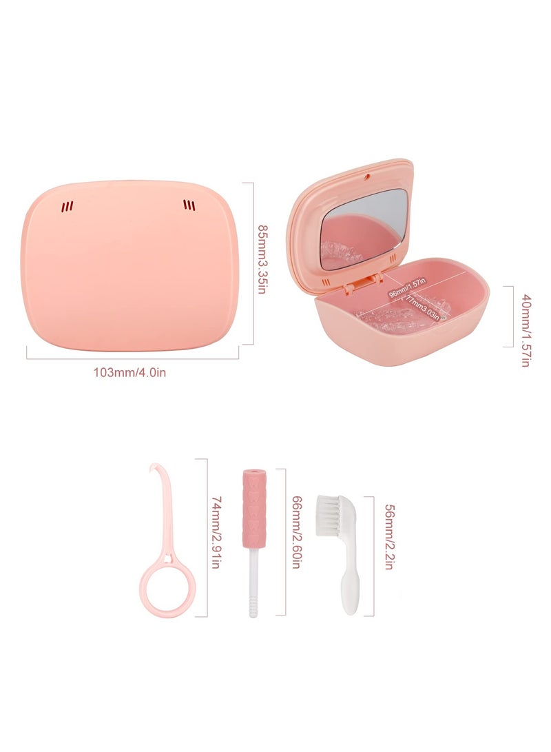 Portable Retainer Case & False Teeth Storage Box with Braces Removal Tool & Cleaning Brush (Pink), Ideal for Travel & Daily Use