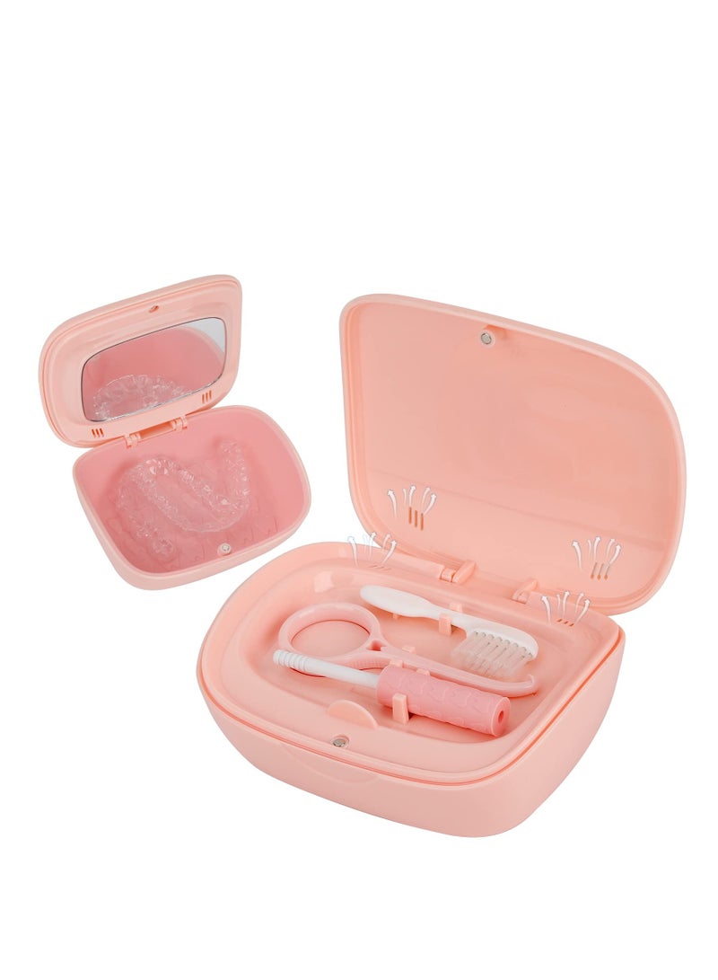 Portable Retainer Case & False Teeth Storage Box with Braces Removal Tool & Cleaning Brush (Pink), Ideal for Travel & Daily Use