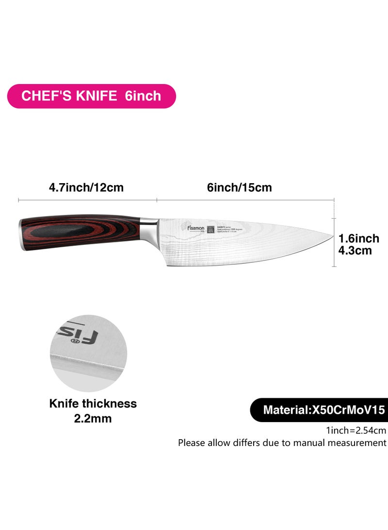 Chef Knife 6'' Kitchen Knife Ultra Sharp, German High Carbon Stainless Steel Knife Elegance Series, Damascus Pattern Professional Kitchen Knife, Ergonomic Handle for Home, Kitchen, Restaurant