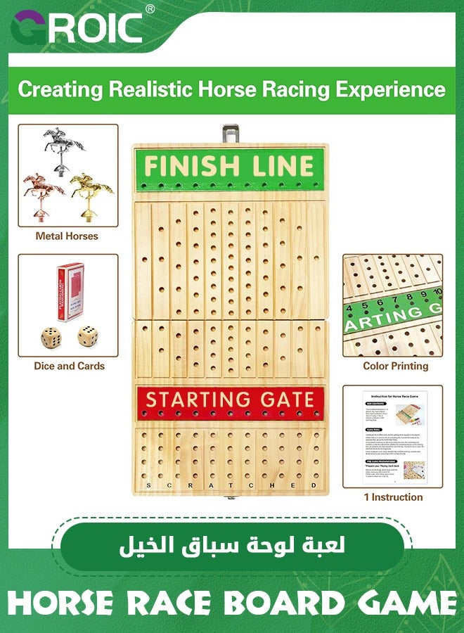 Horse Racing Board Game, 23.2 Inches Solid Wood Horse Race Card and Dice Board Game, Luxury Set with 11 Metal Horses, Dices and 2 Boxes of Cards, Family Tabletop Game Solid Wood Horse Racing Game