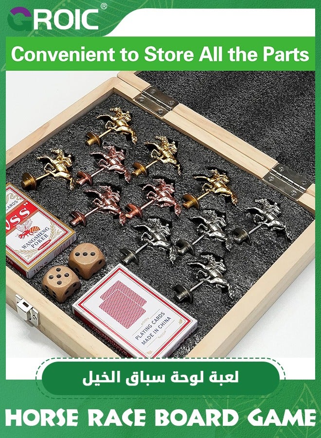 Horse Racing Board Game, 23.2 Inches Solid Wood Horse Race Card and Dice Board Game, Luxury Set with 11 Metal Horses, Dices and 2 Boxes of Cards, Family Tabletop Game Solid Wood Horse Racing Game