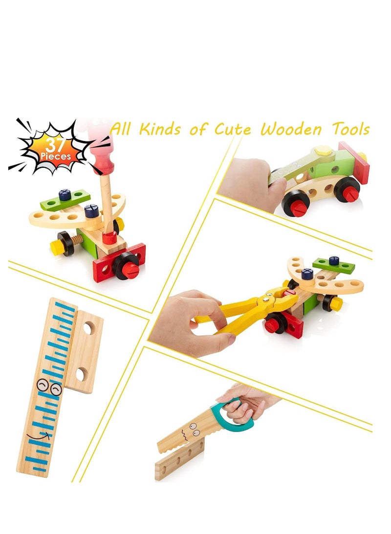 Tool Kit for Kids, Wooden Toddler Tools Set Including Tool Box & DIY Stickers, Montessori Educational STEM Construction Toys for 3 4 5 6 7 Years Old