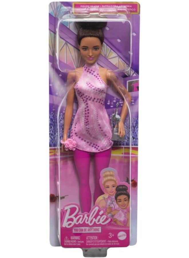 Barbie Careers Fashion Doll & Accessories, Brunette in Removable Pink Skate Outfit with Ice Skates & Trophy