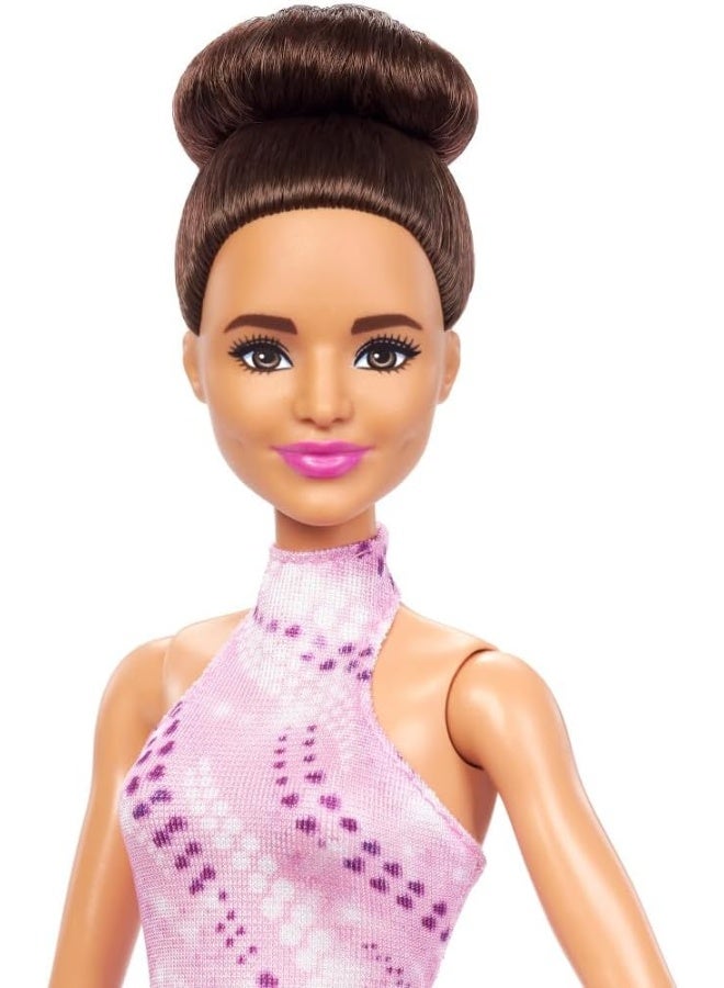 Barbie Careers Fashion Doll & Accessories, Brunette in Removable Pink Skate Outfit with Ice Skates & Trophy