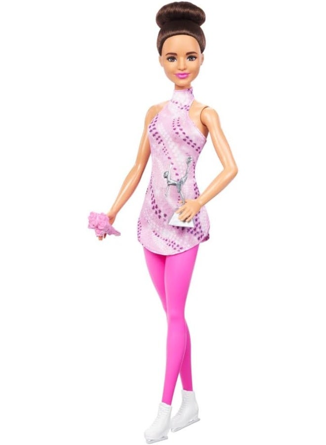 Barbie Careers Fashion Doll & Accessories, Brunette in Removable Pink Skate Outfit with Ice Skates & Trophy