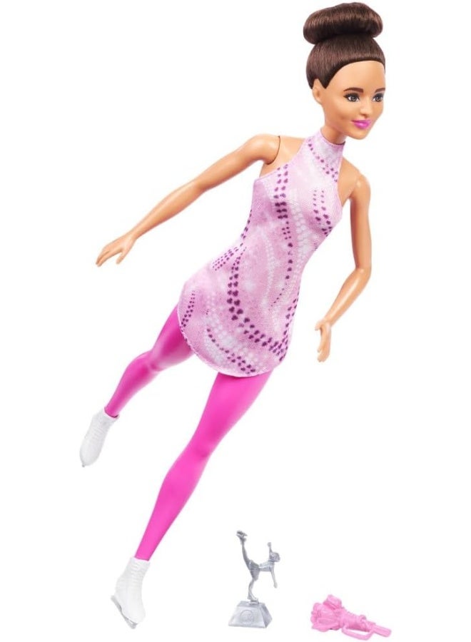 Barbie Careers Fashion Doll & Accessories, Brunette in Removable Pink Skate Outfit with Ice Skates & Trophy