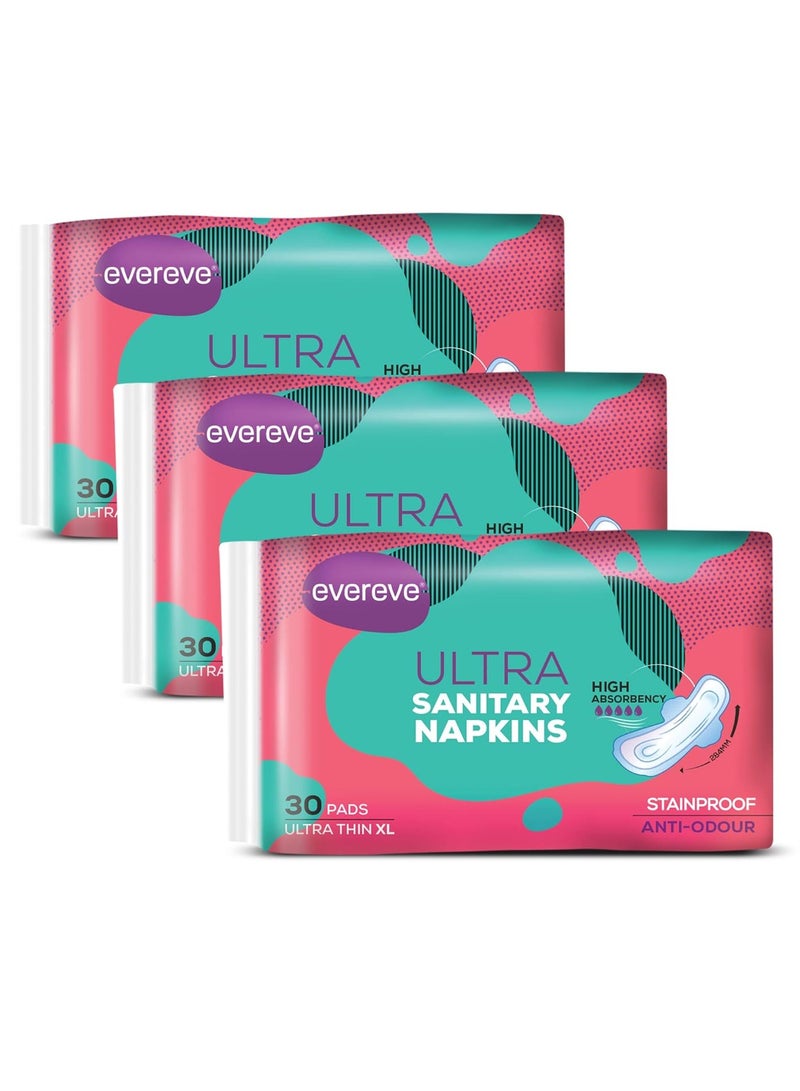 Ultra Sanitary Napkin/Pad, XL 284mm, Pack of 90 Napkins (3 x 30), Maximum coverage, Ultra thin, Super absorbent core for fast absorption of liquid, Odour neutralising technology