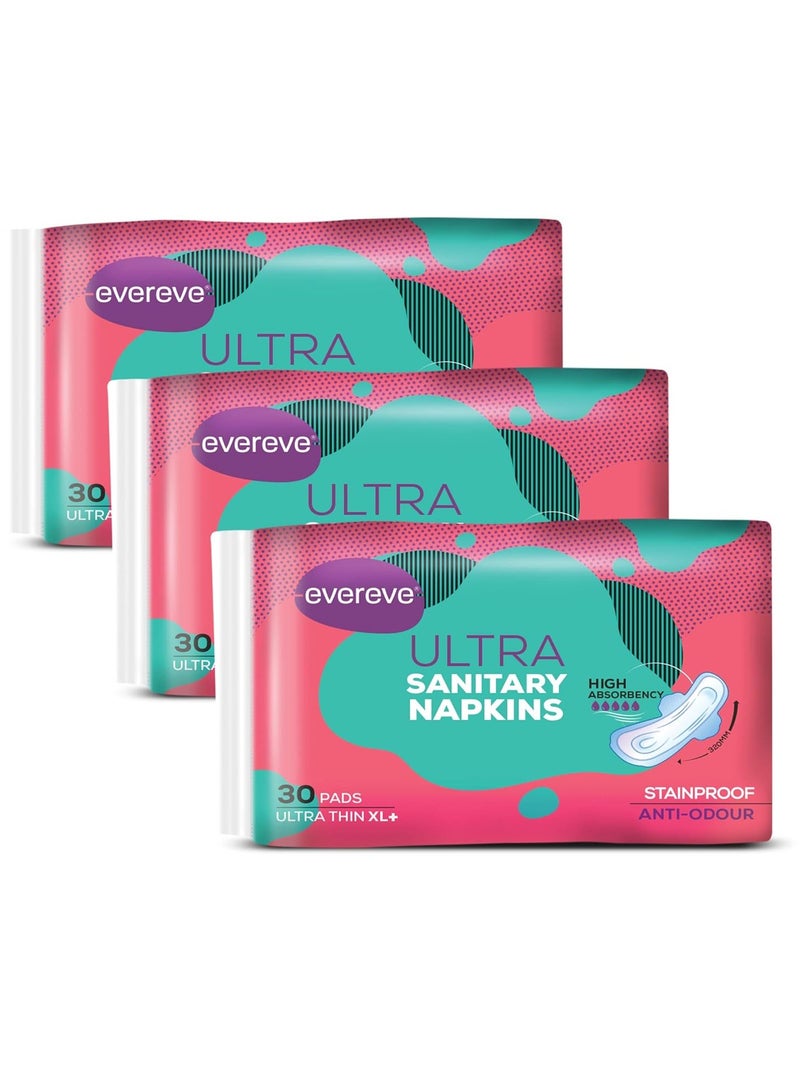 Ultra Sanitary Napkin/Pad, XXL 320mm, Pack of 90 Napkins (Pack of 3 x 30), Maximum coverage, Super thin, Super absorbent core for fast absorption of liquid, Odour neutralising technology