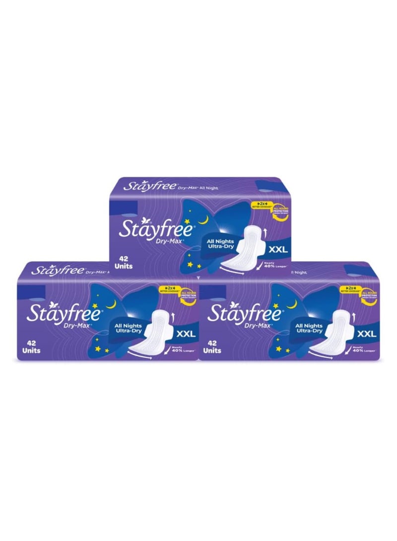 Stayfree Women's All Night Dry Cover Sanitary Pads Combo (3 x 42 Pieces, XL)