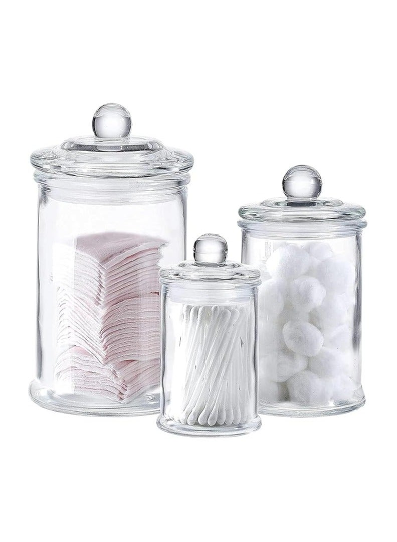 Set of 3 Bathroom Canisters  - Premium Glass Apothecary Jars with Lids - Small Glass Jars for Bathroom Storage - Decorative Crystal Containers