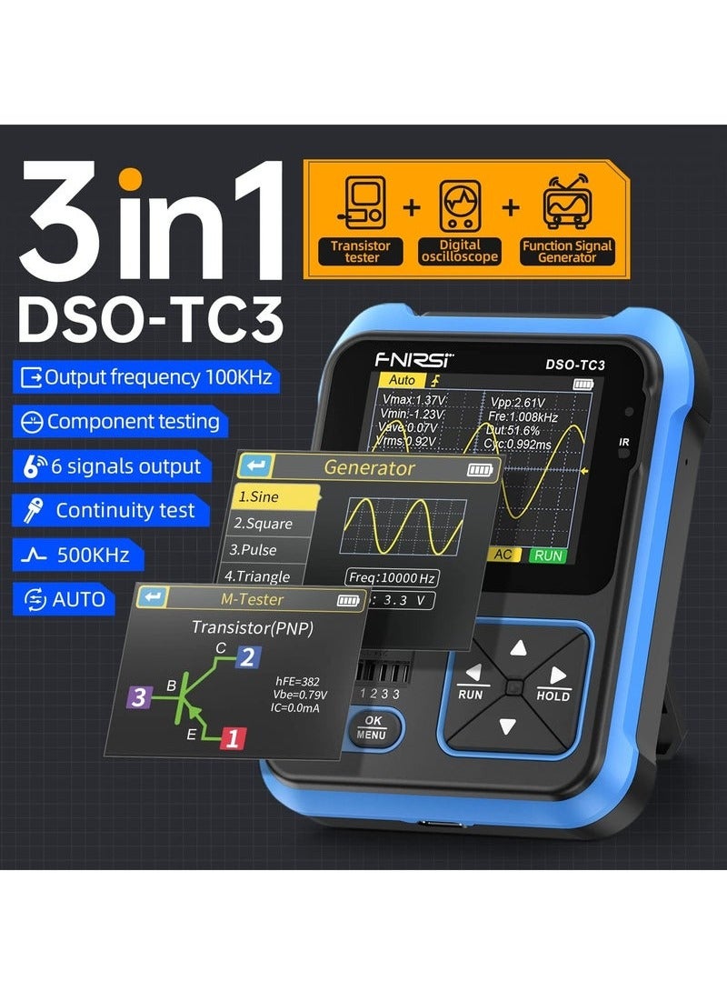 DSO-TC3 Oscilloscope - 3-in-1 Handheld Oscilloscope & DDS Signal Generator & Transistor Tester, 500Khz Bandwidth 10MSa/s Sampling Rate, 6 Types of Waveforms, Transistors Measure
