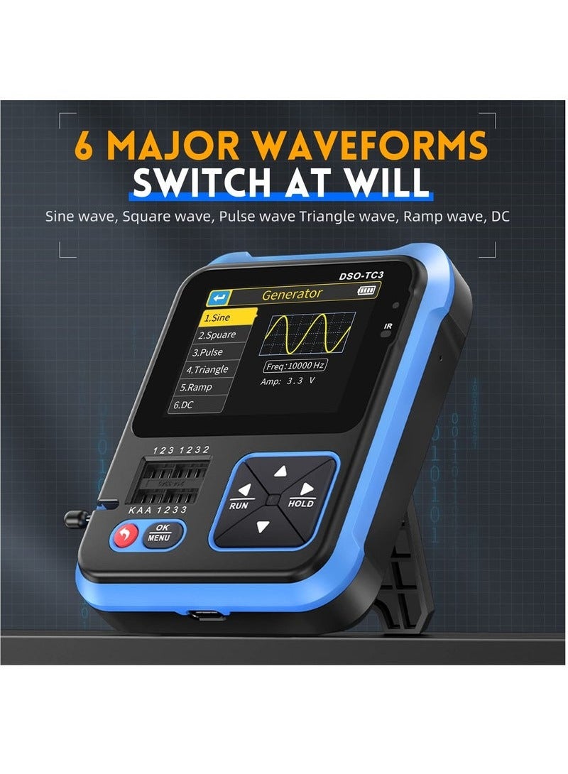 DSO-TC3 Oscilloscope - 3-in-1 Handheld Oscilloscope & DDS Signal Generator & Transistor Tester, 500Khz Bandwidth 10MSa/s Sampling Rate, 6 Types of Waveforms, Transistors Measure