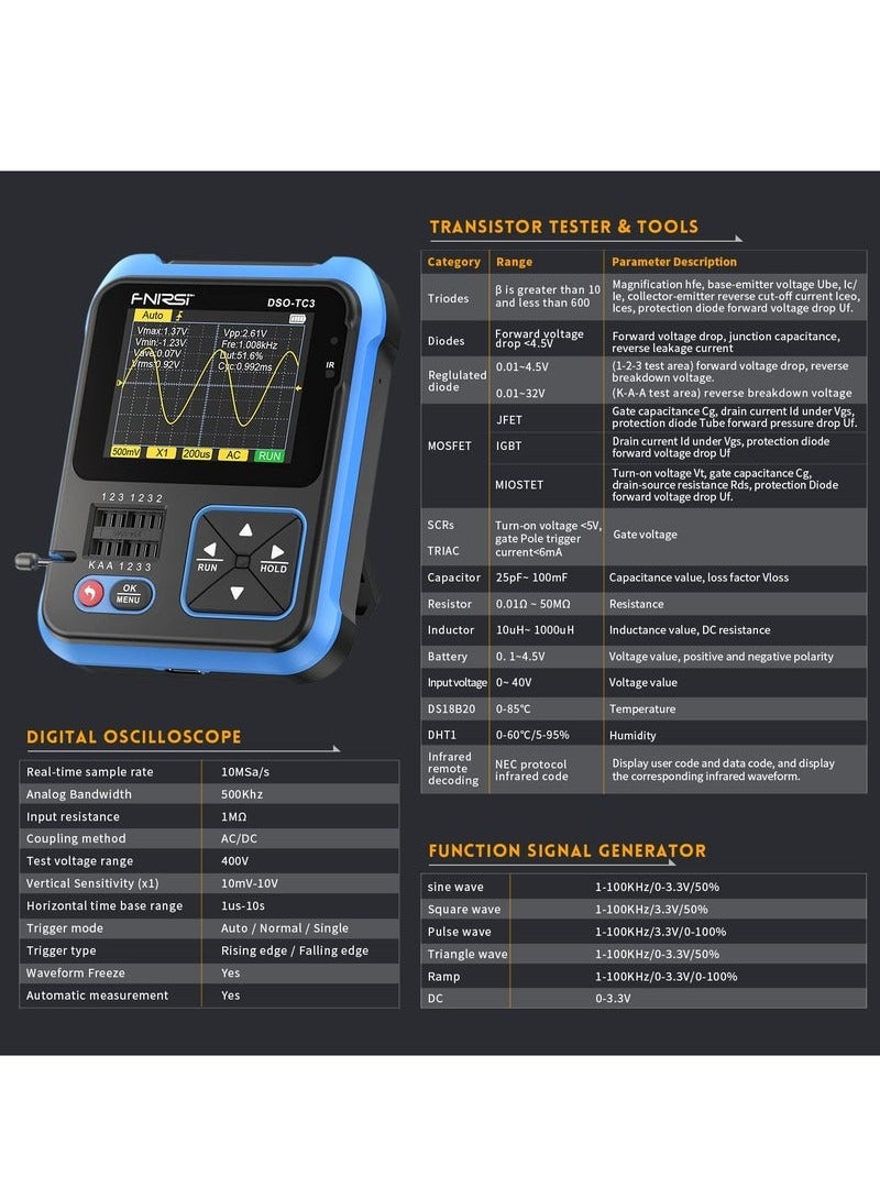DSO-TC3 Oscilloscope - 3-in-1 Handheld Oscilloscope & DDS Signal Generator & Transistor Tester, 500Khz Bandwidth 10MSa/s Sampling Rate, 6 Types of Waveforms, Transistors Measure