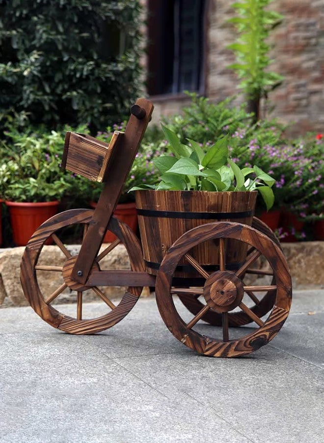 Hometaste Cycle Shaped Wooden Flowers Pot Wood Cart Garden Planter Pot With 3 Wheels Barrow Wagon Flower Barrel Outdoor Decoration For Patio Lawn Backyard Wooden Flower Vase Flowers Planter