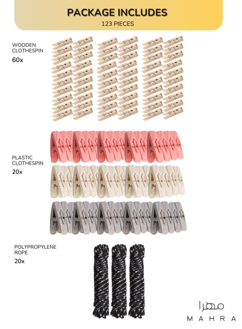 123 PIECE SET | Laundry Drying Essentials | Includes 60 Plastic Pegs (Cream, Blush, Charcoal) & 60 Wooden Pins + 3 Black Polypropylene Ropes (10m Each) | Ideal for Clothes Drying, Outdoor Hanging, and Creative Crafts