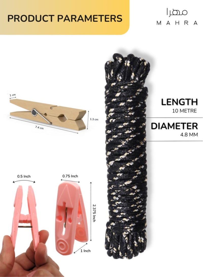 123 PIECE SET | Laundry Drying Essentials | Includes 60 Plastic Pegs (Cream, Blush, Charcoal) & 60 Wooden Pins + 3 Black Polypropylene Ropes (10m Each) | Ideal for Clothes Drying, Outdoor Hanging, and Creative Crafts